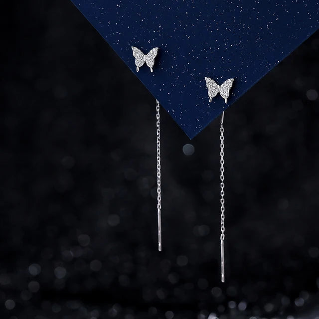 Sterling Silver Butterfly Heart Tassel Drop Earrings