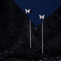 Sterling Silver Butterfly Heart Tassel Drop Earrings