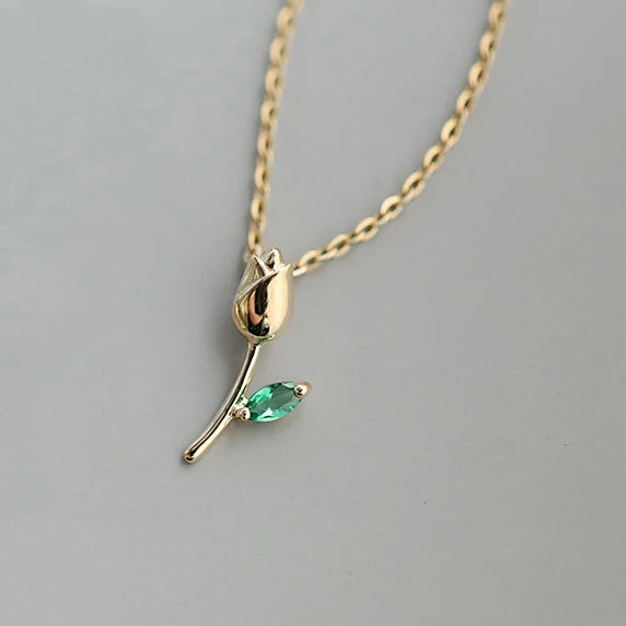 Gold Plated Green Rose Flower Necklace