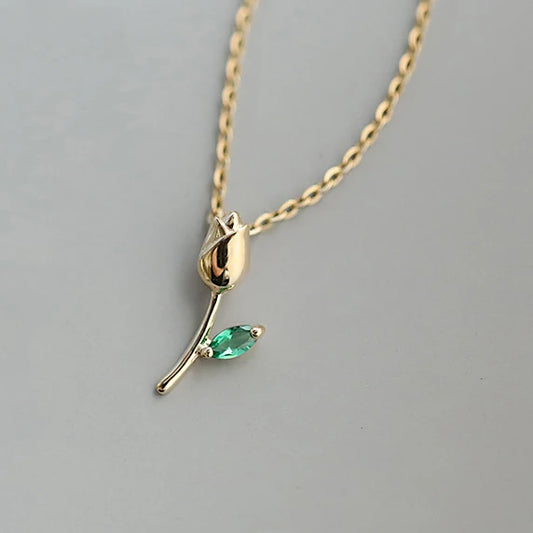 Gold Plated Green Rose Flower Necklace