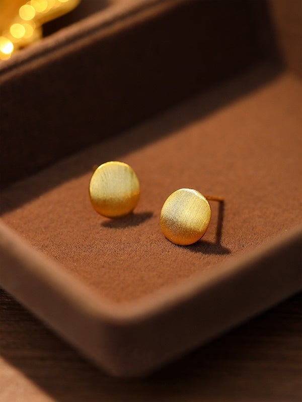 Brushed Finish Gold Disc Stud Earrings