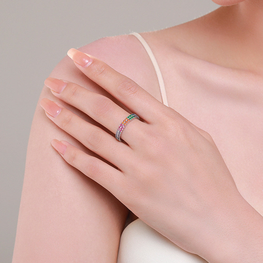 Sterling Silver Multi-Color Rainbow Eternity Ring