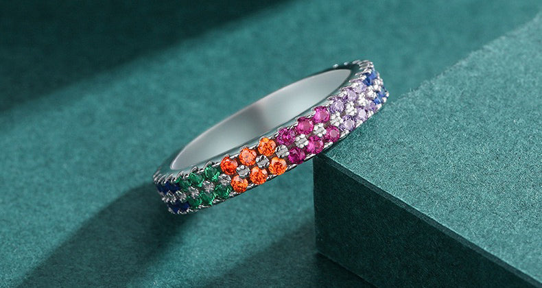 Sterling Silver Multi-Color Rainbow Eternity Ring