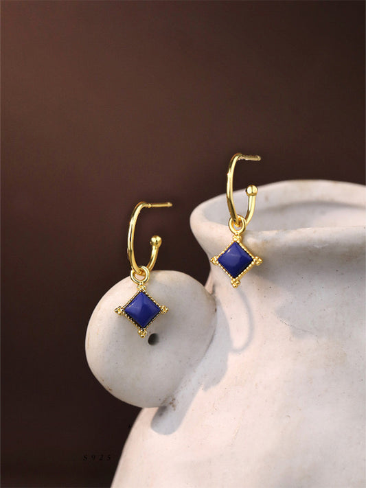 Sterling Silver Natural Lazurite Half Hoop Stud Earrings