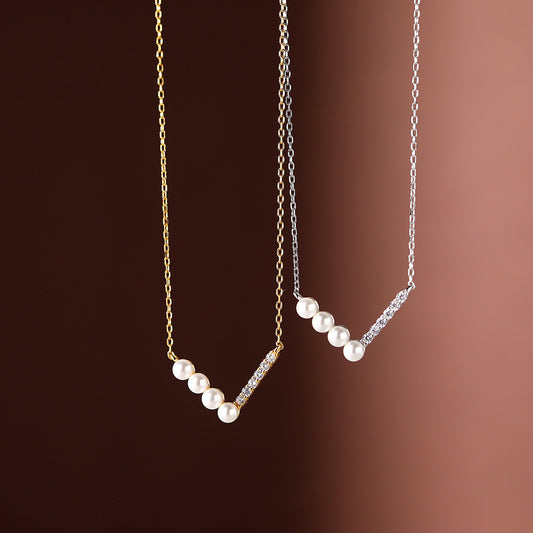 Sterling Silver V Shape Pearl Pendant Necklace