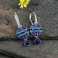Blue Blessing Knot Lapis and Red Agate Sterling Silver Dangle Earrings