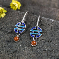 Blue Blessing Knot Lapis and Red Agate Sterling Silver Dangle Earrings