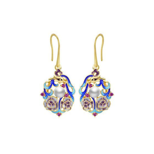 Round Natural Pearl Enamel Sterling Silver Drop Earrings