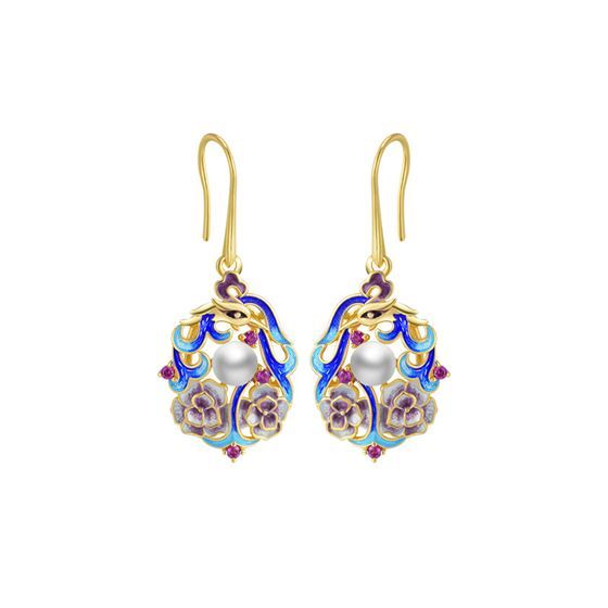 Round Natural Pearl Enamel Sterling Silver Drop Earrings