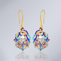 Round Natural Pearl Enamel Sterling Silver Drop Earrings