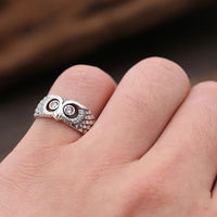 Owl Motif White Crystal 925 Sterling Silver Pinky Ring