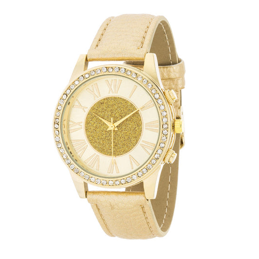 Shira Crystal Leather Watch with Gold Strap