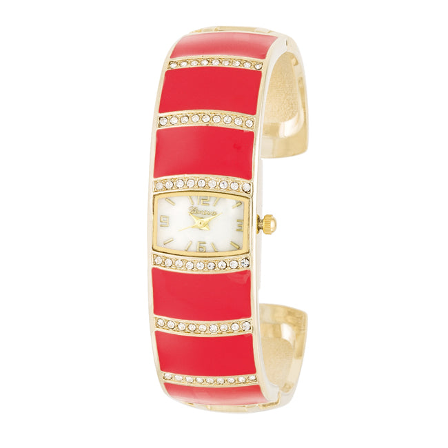 Gold Cuff Watch with Pink Crystals