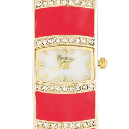 Gold Cuff Watch with Pink Crystals