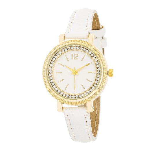 Georgia Gold Crystal Watch with White Leather Strap