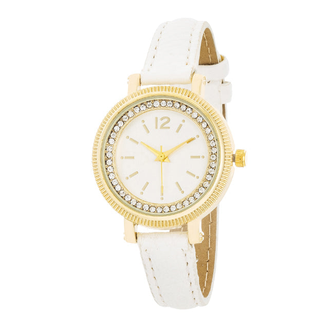 Georgia Gold Crystal Watch with White Leather Strap