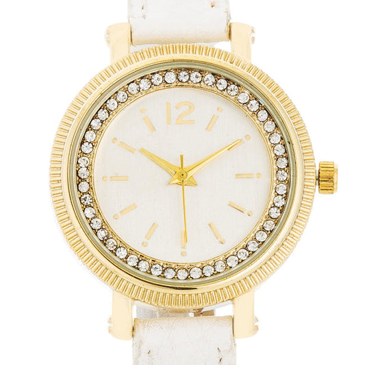 Georgia Gold Crystal Watch with White Leather Strap