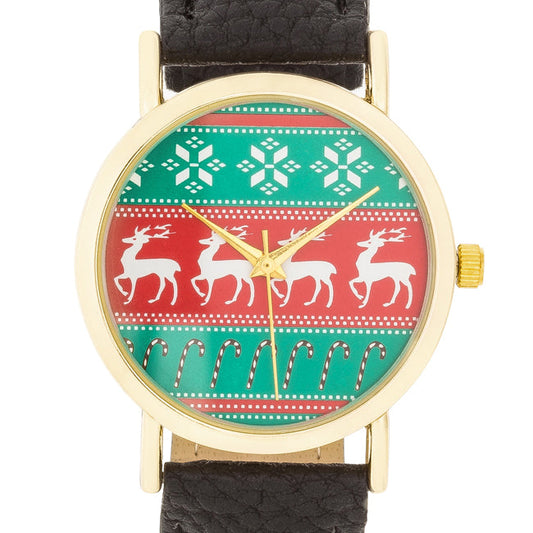 Gold Holiday Watch with Black Leather Strap