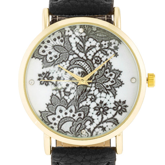 Gold Watch with Floral Dial