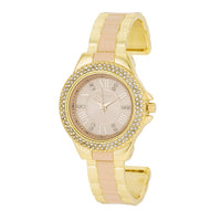 Gold Metal Cuff Watch with Crystals, Beige