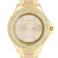 Gold Metal Cuff Watch with Crystals, Beige