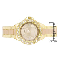 Gold Metal Cuff Watch with Crystals, Beige