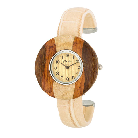 Brenna Beige Wood-Inspired Leather Cuff Watch