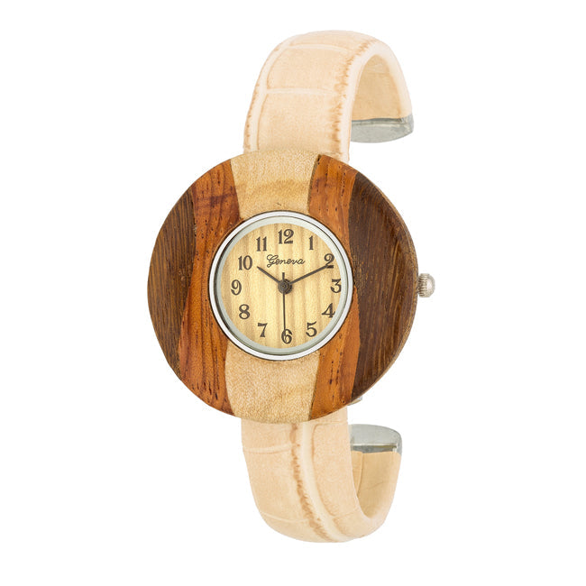 Brenna Beige Wood-Inspired Leather Cuff Watch
