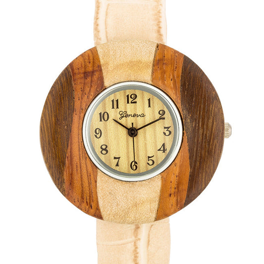 Brenna Beige Wood-Inspired Leather Cuff Watch