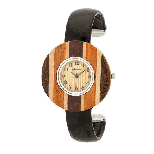 Brenna Black Wood-Inspired Leather Cuff Watch