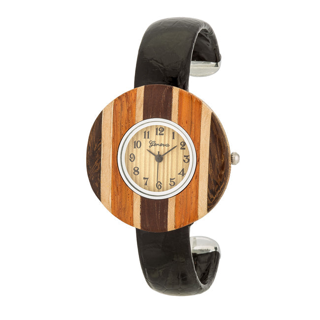 Brenna Black Wood-Inspired Leather Cuff Watch