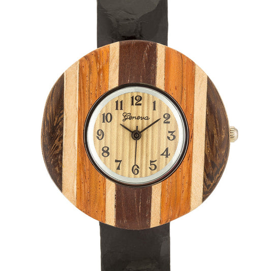 Brenna Black Wood-Inspired Leather Cuff Watch