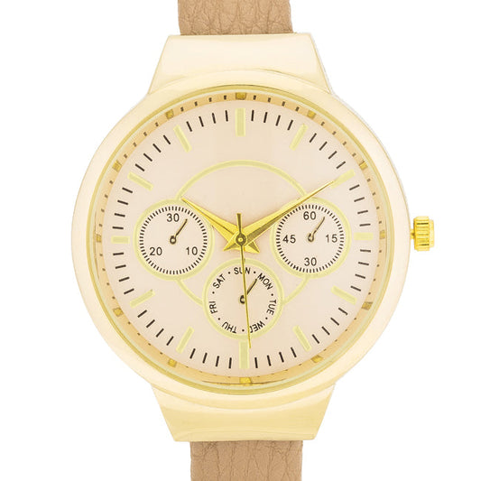 Reyna Gold Beige Leather Cuff Watch