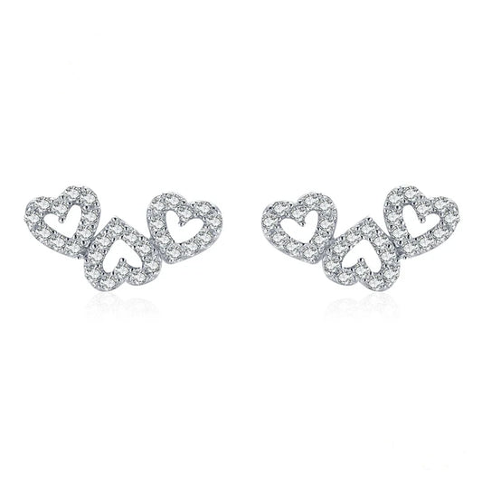 Sterling Silver Hollow Three Heart Stud Earrings