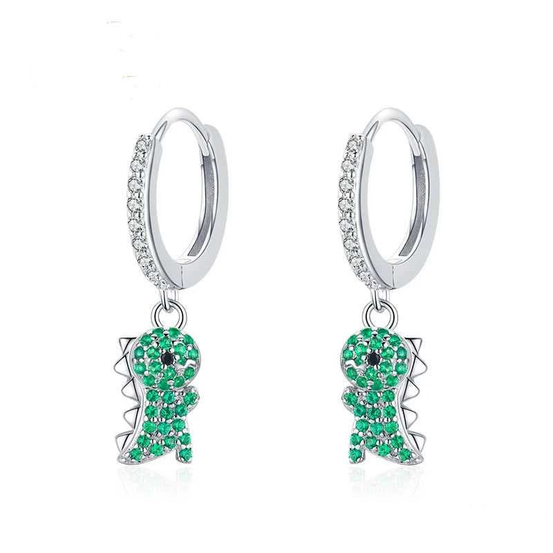 Sterling Silver Green Dinosaur Hoop Earrings