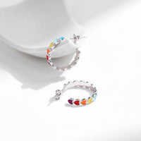 Sterling Silver Rainbow Enamel Heart Hoop Earrings