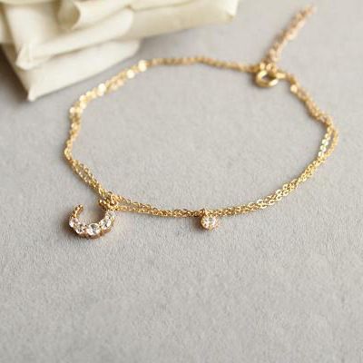 Crescent Moon CZ 925 Sterling Silver Bracelet Anklet