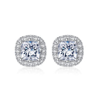 Square Round Crystal Sterling Silver Stud Earrings