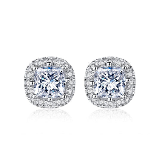 Square Round CZ Sterling Silver Stud Earrings