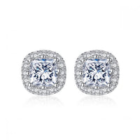 Square Round Crystal Sterling Silver Stud Earrings