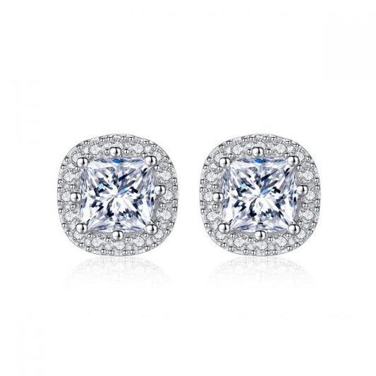 Square Round CZ Sterling Silver Stud Earrings