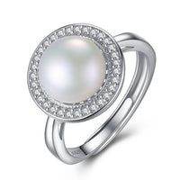 Round Pearl and Crystal 925 Silver Adjustable Ring