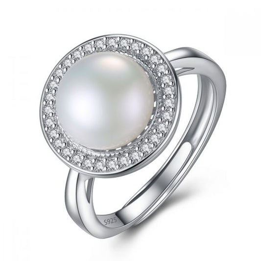 Round Pearl and CZ 925 Silver Adjustable Ring