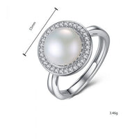 Round Pearl and Crystal 925 Silver Adjustable Ring