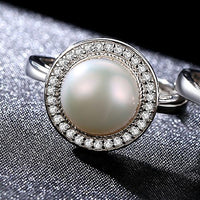 Round Pearl and Crystal 925 Silver Adjustable Ring