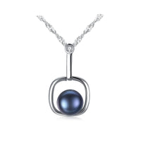 Round Natural Pearl in Square 925 Sterling Silver Necklace