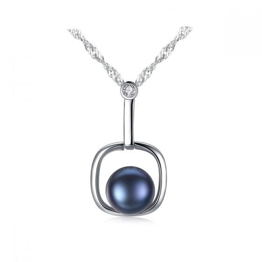 Round Natural Pearl in Square 925 Sterling Silver Necklace
