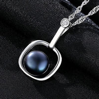 Round Natural Pearl in Square 925 Sterling Silver Necklace