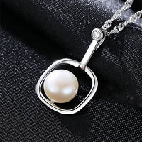 Round Natural Pearl in Square 925 Sterling Silver Necklace