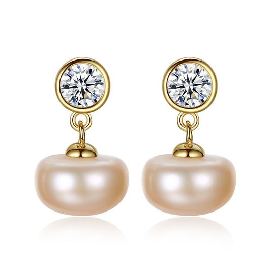 Half-Round Freshwater Pearl CZ Sterling Silver Drop Earrings
